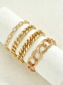 YUNCHUN 4pcs/Set Thick Chain Gold Layered Cuban Chain Set, Textured Paperclip Cuban Chain Fine Glitter Hollow Chain, Minimalist Versatile Metal Hand Jewelry - Gold - View 4
