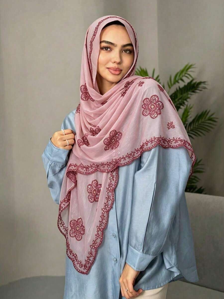 1件女款奢華刺繡歐根紗頭巾,輕盈透氣,陽光下閃亮,春夏旅行必備 - 多色-花朵刺繡 - 查看 1