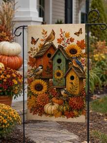 1pc Autumn Harvest Birdhouse Garden Flag, Romantic Country Farmhouse Style Polyester Outdoor Garden Flag, Suitable For Garden Yard, Autumn Decoration, Harvest Festival, Thanksgiving And Outdoor Patio Decor - A - View 3