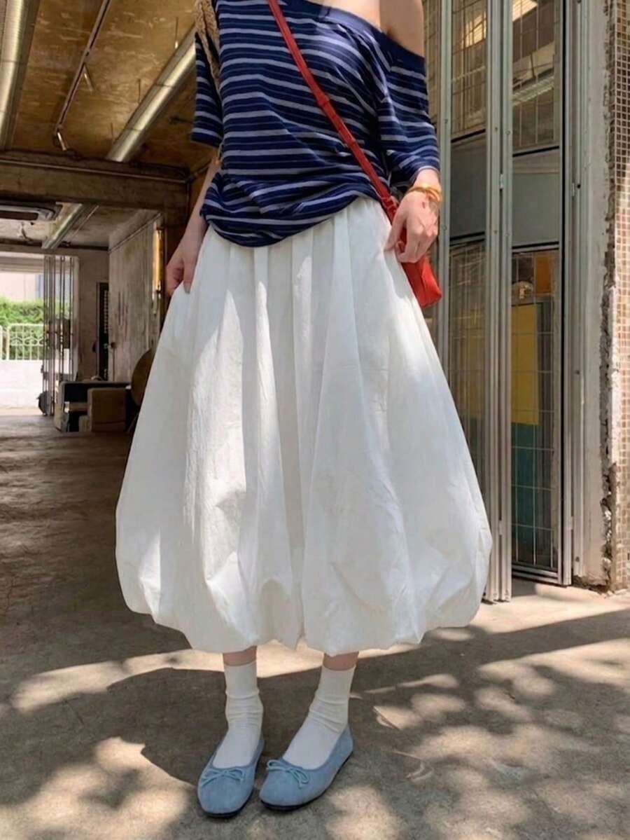Spring/Summer White Casual Girl Style Textured Bud Mid-Length A-Line Skirt Versatile Daily Wear - White - View 1