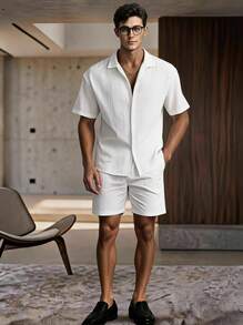 2pcs Men's Summer Set, Lightweight Breathable Cuban Linen Shirt And Drawstring Shorts Set, Vintage Gentleman Style Casual - White - View 1