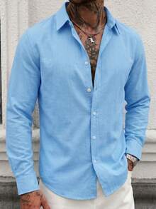 Men's Solid Color Comfortable Casual Single-Breasted Long Sleeve Commuter Shirt - Blue - View 4