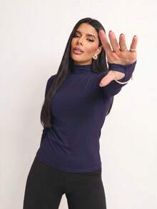 Basic Polyamide Blouse, Long Sleeves With Thumb Loops, High Neck. Second Skin, Plus Size/Slim. - 藏蓝色 - 查看 1