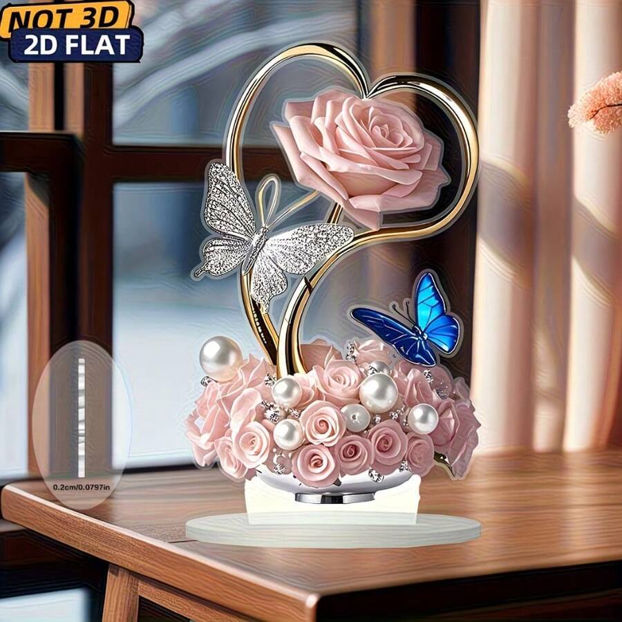 1pc 2D Flat Art Design Decorative Plaque, Acrylic Material With Romantic Rose, Sparkling Butterfly And Pearl Elements-Suitable For Home, Office And Multiple Scenes, Halloween, Christmas And Other Holiday Decorations - A - View 1