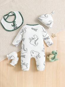 Bộ 5 món cho bé trai sơ sinh: bộ romper liền chân in khủng long phối màu + mũ + găng tay + yếm, phong cách dễ thương, phù hợp mùa xuân, hè, thu - Nhiều màu - Xem 2