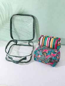 3Pcs Tropical & Stripe Print Makeup Bag Set, Clear PVC Waterproof Swimming Storage Bag With Portable Pouches For Beach, Travel & Vacation - View 6