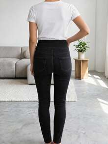 High-Waisted Black Denim Pants –Triple Button Closure, Stretch Fabric - Dark Wash - View 2