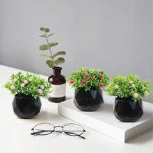 Chậu cây nhân tạo họa tiết hình thoi đen trắng, hoa baby trang trí, 6 kiểu dáng, nhỏ gọn thanh lịch, không cần chăm sóc, phù hợp trang trí bếp, văn phòng, bậu cửa sổ, phòng ngủ và các không gian khác - Chậu đen - hoa hồng - Xem 6