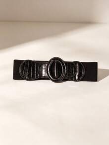 Women Black Crocodile Embossed PU Wide Elastic Waist Belt, Retro Oval Wrap Buckle Stretch Waist Cincher Decorative Waistband For Dress Coat - Crocodile-print Elastic Waistband - View 4