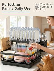 Multifunctional Two-Tier Kitchen Sink Dish Drainer Organizer Rack, Stainless Steel Divided Storage System With Independent Slots For Cutlery, Knives, Plates & Cutting Boards, Space-Saving Large Capacity Modular Countertop Kitchen Storage - Black - View 4