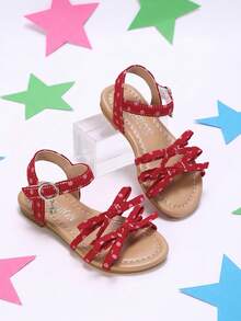 1 Pair Kids Summer Retro Red Polka Dot Flat Sandals, Double Bow With 3-Strap Decor, Rhinestone Pendant Design, Princess Style Girls Sandals, Hook And Loop Closure For Easy On/Off, Suitable For Beach, Outdoor Activities, Daily Wear, Fashionable And Minimalist - Red - View 3