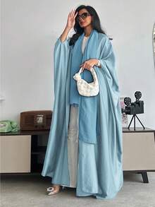 Abaya larga de estilo de Oriente Medio, suelta, de unicolor, con mangas de murciélago y pañuelo para la cabeza, primavera y otoño - Azul claro - Ver 2