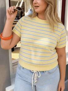 Women's V-Neck Short Sleeve Knit Top, Front Button Decor, Minimalist Fashion Versatile Casual Style Yellow - Yellow - View 3