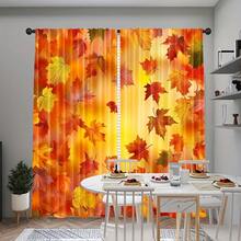 2pcs Warm Orange Gradient Maple Leaf Pattern Printed Semi-Sheer Curtains, 90GSM Polyester Fiber Semi-Sheer Privacy Protection, Easy Installation, Quick Dry, Washable, Fade-Resistant, Lightweight Removable Curtains, Suitable For Home, Room, Kitchen And Other Partitions Or Decoration - Multicolor - View 8