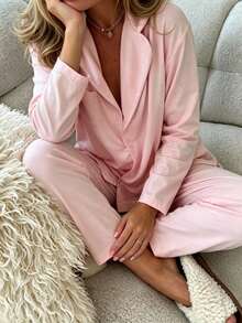 Nina Bonheur 2pcs Women Long Sleeve Top + Elastic Waist Pants Pajama Set - Hot Pink - View 5