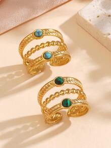 2 PIEZAS Anillo abierto de tres capas onduladas con cuentas de acero inoxidable chapado en oro de 18K, malaquita, turquesa, adecuado para uso diario en la oficina y citas de mujeres. - Multicolor - Ver 1