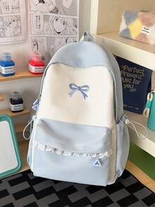 1pc Girls Colorblock Bow Nylon Zipper Closure Sweet Backpack Student School Bag Suitable For All Seasons Daily Use Without Pendant - A - View 13