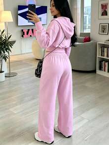 Setelan Wanita 2 Potong Warna Polos Elegan Kasual Terbaru untuk Olahraga dan Pakaian Sehari-hari, Warna Pink Musim Gugur/Dingin - Berwarna merah muda - View 2