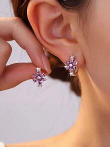 1 Pair Gentle Vintage Style Gold & Silver Dual-Tone Rhinestone Gradient Purple Crystal Flower C-Shaped Stud Earrings, Suitable For Women's Daily, Date And Commute Wear - Type C - View 2