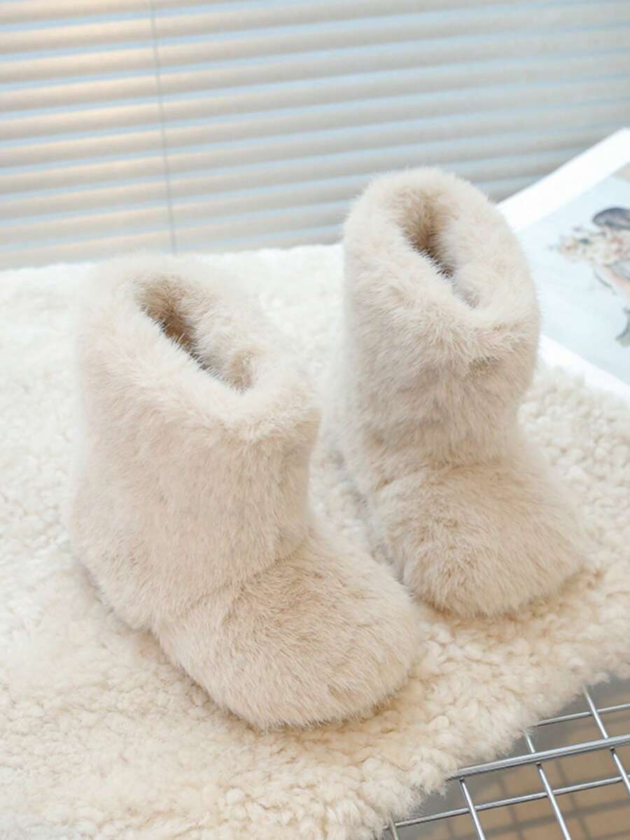 1 Pair Girls' Beige Faux Mink Fur Mid-Calf Fuzzy Boots, Round Toe Anti-Kick Slip-On, Soft Warm Plush Snow Boots For Autumn/Winter - Beige - View 1