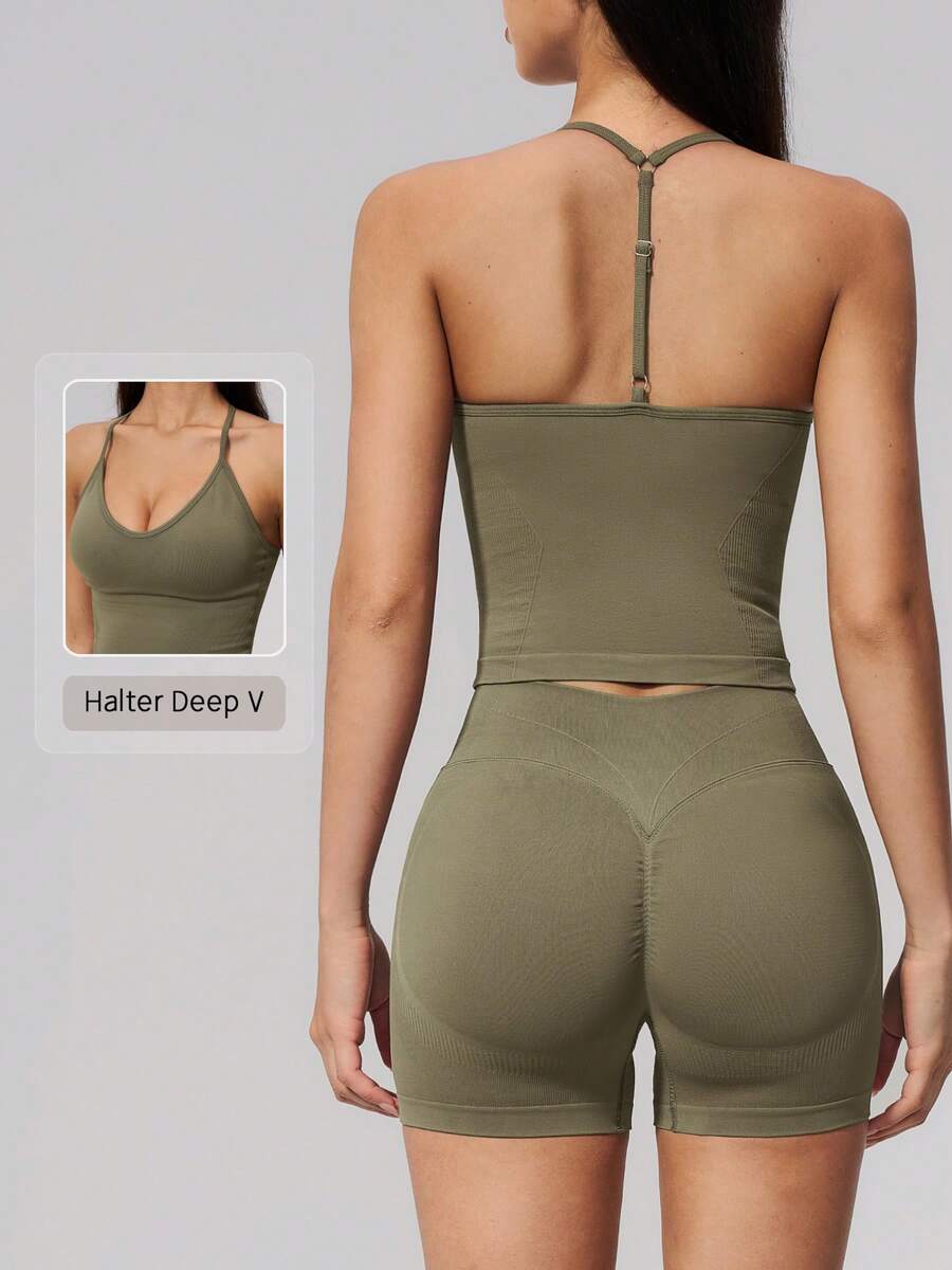 NcmRyu Women's One Set Solid Color Y-Back Adjustable Metal Buckle Spaghetti Strap Ribbed High-Waisted Shorts Sports Set - Olive Green - View 1