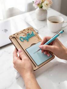 Personalized Custom Wooden Memo Holder With Pen, Desktop Organizer For School/Office/Home, Laser-Engraved Floral Name Sign, Stylish Student Stationery (Gift For Teacher/Student, Perfect For Classroom/Promotion) - Multicolor - View 2