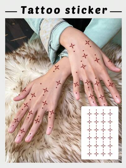 1pc Reddish Brown Mini Four Pointed Star Dot Tattoo Minimal Dainty Boho Style Finger Palm Hand Body Decor For Women Bridal Festival Daily Matching Sweatproof Realistic Fake Tattoo Ins Viral Temporary Tattoo Stickers Formulated Without Henna