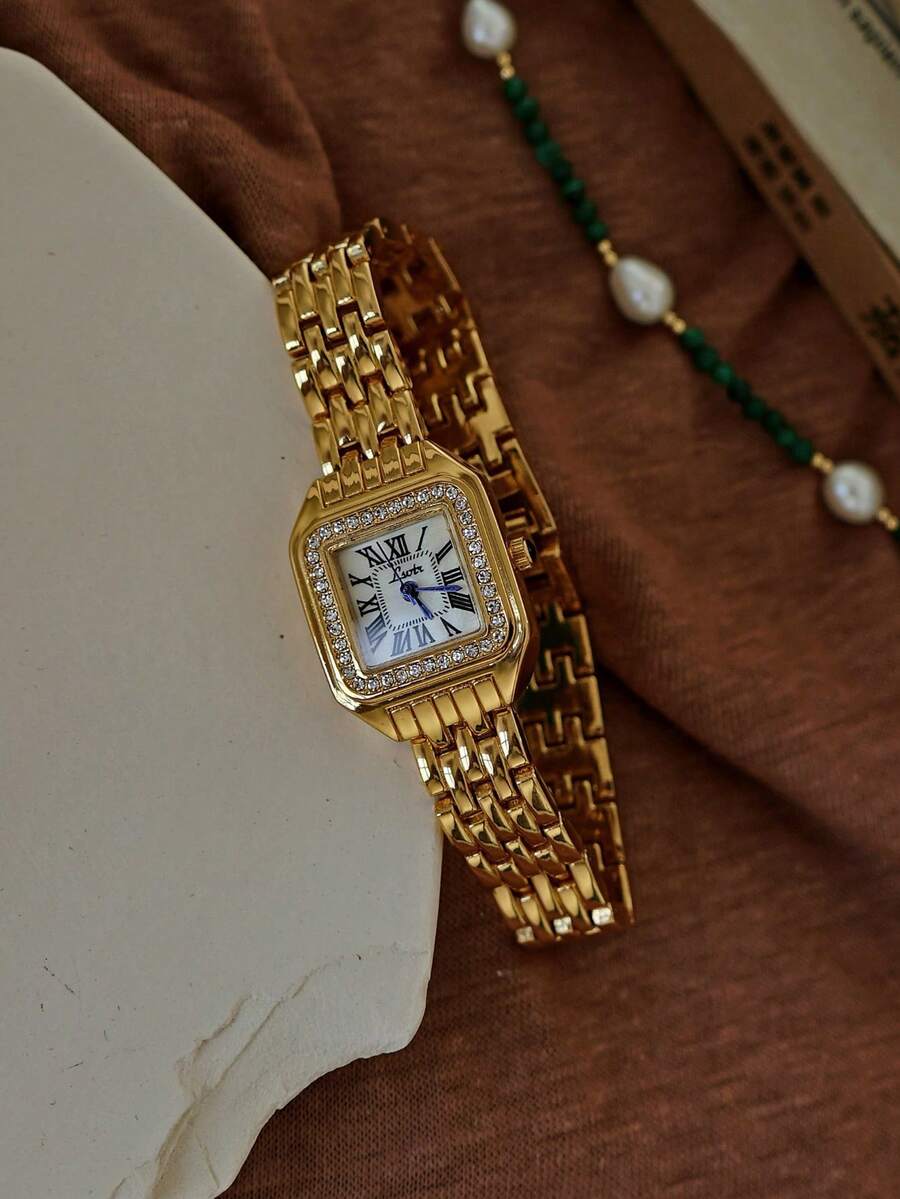 LSVTR 1件復古金色方形手鍊女錶 羅馬數字錶盤石英手錶 鑲鑽錶圈 優雅奢華日常佩戴腕錶 - A - 查看 1