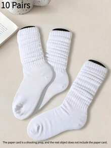1/3/6/10 Pairs Women's Spring/Summer Versatile Pleated Over-The-Knee Socks, Korean/Japanese Lolita Minimalist Solid Color - White - View 8