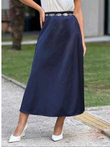 Elegant Casual Satin Midi Skirt - 藏蓝色 - 查看 2