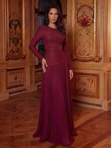 Modphy New Sequin & Beaded Mesh See-Through Cropped Top And Midi Skirt Set, Party & Holiday 2-Piece Outfit Wedding Spring Fall - Burgundy - View 4