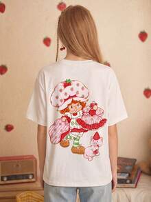 女款夏季 T-shirt，可愛貓咪派對印花寬鬆休閒 T-shirt，適合日常甜美女孩風，白色 - 白色 - 查看 3