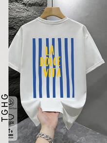 T Summer Men's Fitted T-Shirt, Vacation Travel Beach, White With Blue Stripes And Yellow Print On Back - White - View 9