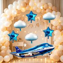 7pcs Large Blue Airplane White Cloud Foil Balloons, Suitable For Birthday Party, Adventure Theme Party Decoration, Home Decor Toy Balloons Airplane Random Style - View 2