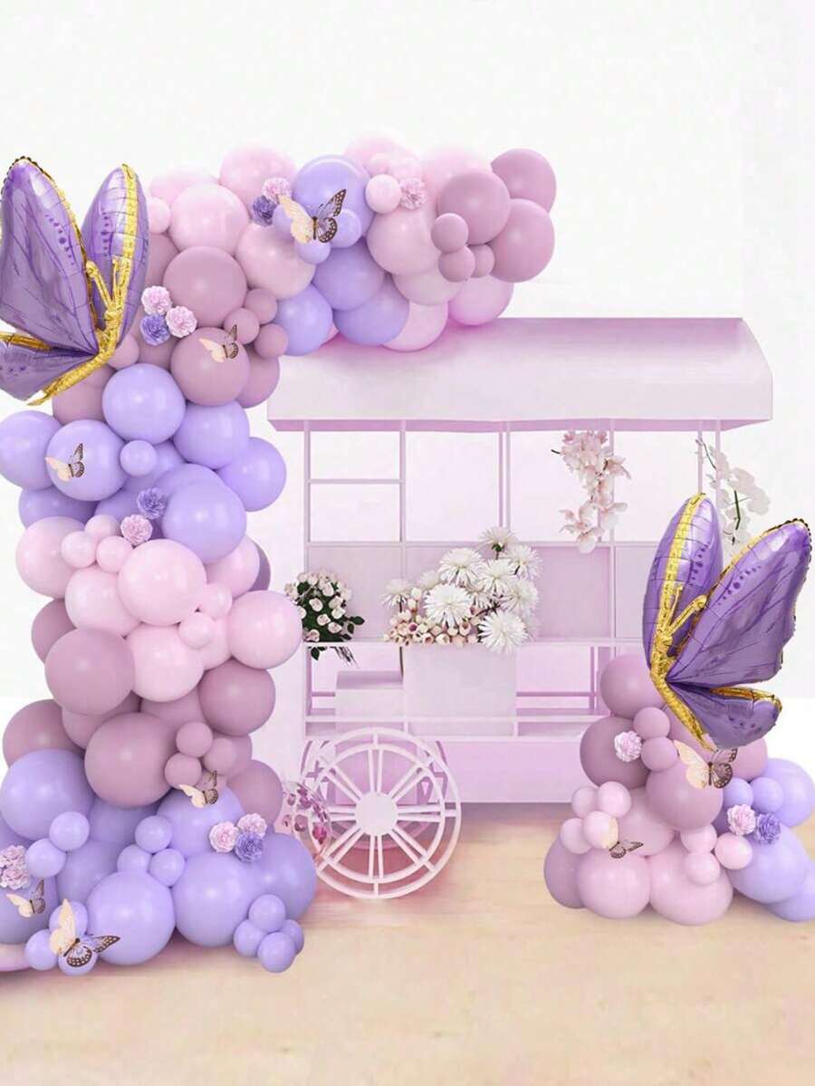 Lila-Rosa Ballonbogen-Set 108 Stücke Maca-Lila Latexballons, Roségold Dekoballons mit Folien-Schmetterlingsballons, Ballongirlande-Bogen-Set für Geburtstagsfeier und Hochzeitsdekoration - Lila Set - Übersicht 1