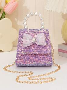 Sequin Plaid Bow Mini Handbag With Pearl Handle And Chain Strap, Sweet Elegant Small Square Crossbody Bag - Sequined Version - View 10