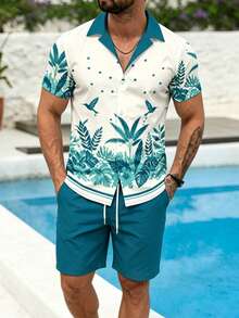 Men's Beach Vacation Casual Blue Green Leaf & Bird Print Shirt And Shorts Set - Multicolor - View 2