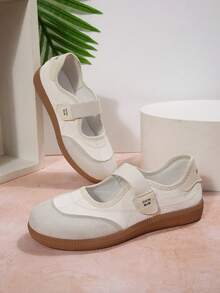 Vintage Ballet Style Mary Jane Flat Shoes, Beige & Grey Colorblock Rubber Anti-Slip Sole Slip-On Casual Sneakers - Beige - View 4