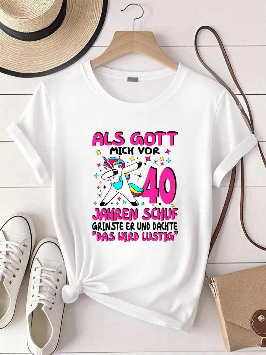 Camiseta estampada para mujer, camiseta divertida para el 40º cumpleaños de una mujer, estampado de unicornio, linda frase en alemán, atuendo para fiesta de 40 años, cuello redondo suave, - Blanco - Ver 1