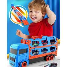 Vehículo de transporte de pista de eyección transformable extra grande, camión de carga de almacenamiento de doble capa con 2 coches de aleación, pista de carreras de eyección de un clic, juego interactivo para padres e hijos en interiores y exteriores, regalo perfecto para el Día del Niño y cumpleaños - Multicolor - Ver 9