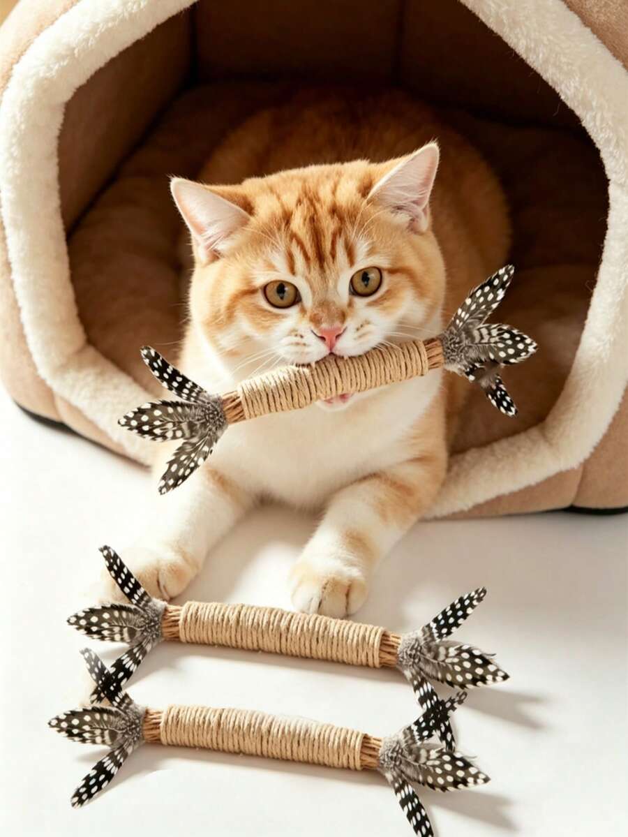 Baofeng 3pcs Handmade Cat Teaser Toys, Durable Material, Suitable For Cat Teeth Health And Play, Includes Chew Stick And Kicking Stick, No Battery Required - Multicolor - View 1