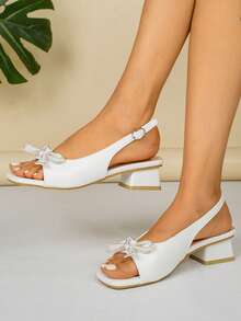 Sandalias de tacón grueso con punta abierta para mujer, con lazo y correa de tobillo, zapatos casuales y de fiesta - Blanco - Ver 7