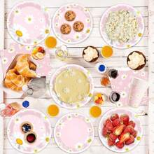 80 Pcs Daisy Plates And Napkins Party Plies Boho Groovy Disposable Tableware Dinnerware Set Includes Flower Paper Plates Napkins Cups For Hippie Birthday Decor - 粉紅色的 - 查看 5