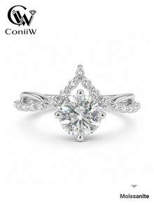 ConiiW 925 Sterling Silver 1-Carat Moissanite Ring, Classic Crown Design, Suitable For Men And Women, Perfect For Proposals, Engagements, Weddings, Parties, - Silver - View 2