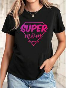 Women's Casual Sports T-Shirt With Round Neck, Elastic, Short-Sleeved, Printed With The Lettering "SUPER MOM", Spring/Summer Fashion, Women's Casual S - 白色 - 查看 9