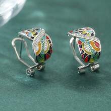 Unique Handmade Drip Oil Colorful Leaf Enamel Hoop Earrings, Eye-Catching Accessory Suitable For Cocktail Parties, Parties And Daily Wear, Exquisite Birthday And Holiday Gift For Women - Silver - View 5