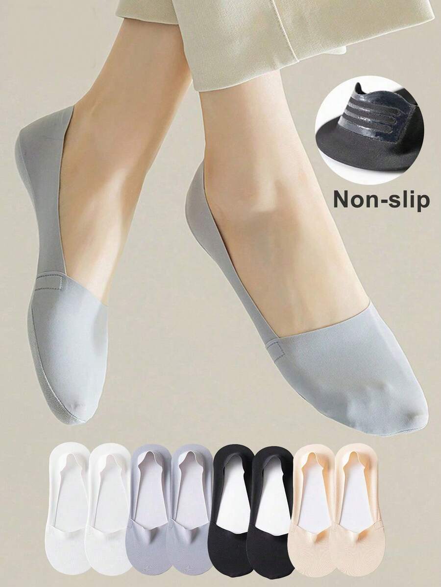 1/4 Pair Women's Plus Size Soft Nylon Solid Color Low-Cut Invisible Socks With Non-Slip Gel Heel, Suitable For Daily Wear - Multicolor - View 1