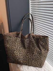 女款極簡百搭豹紋布料多口袋托特包，學院風大容量學生返校度假手提包，輕便休閒戶外旅行購物肩背包，日常上班商務通勤斜挎包 - 棕色 - 查看 8