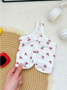 Cute Cherry Print Pet Vest - Soft Comfortable Elastic Button Pet Vest, Suitable For Small And Medium Dogs And Cats, Lightweight Breathable Pet Clothing, Perfect For Spring And Summer - White - View 3