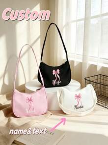 1pc Mini Personalized Back To School Shoulder Bag, Versatile Cute Bow Theme Print, Zipper Closure Nylon Material, Handheld, Suitable For School, Commuting, Shopping, Outdoor Travel, Daily Use. Birthday Gift. - Multicolor - View 1